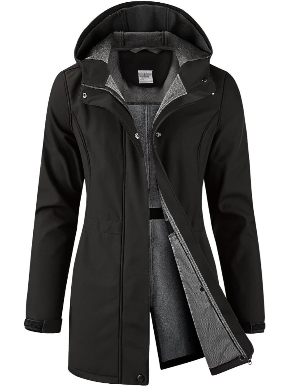 Women's Black Hooded Fleece Lined Waterproof Hiking Softshell Long Rain Jacket